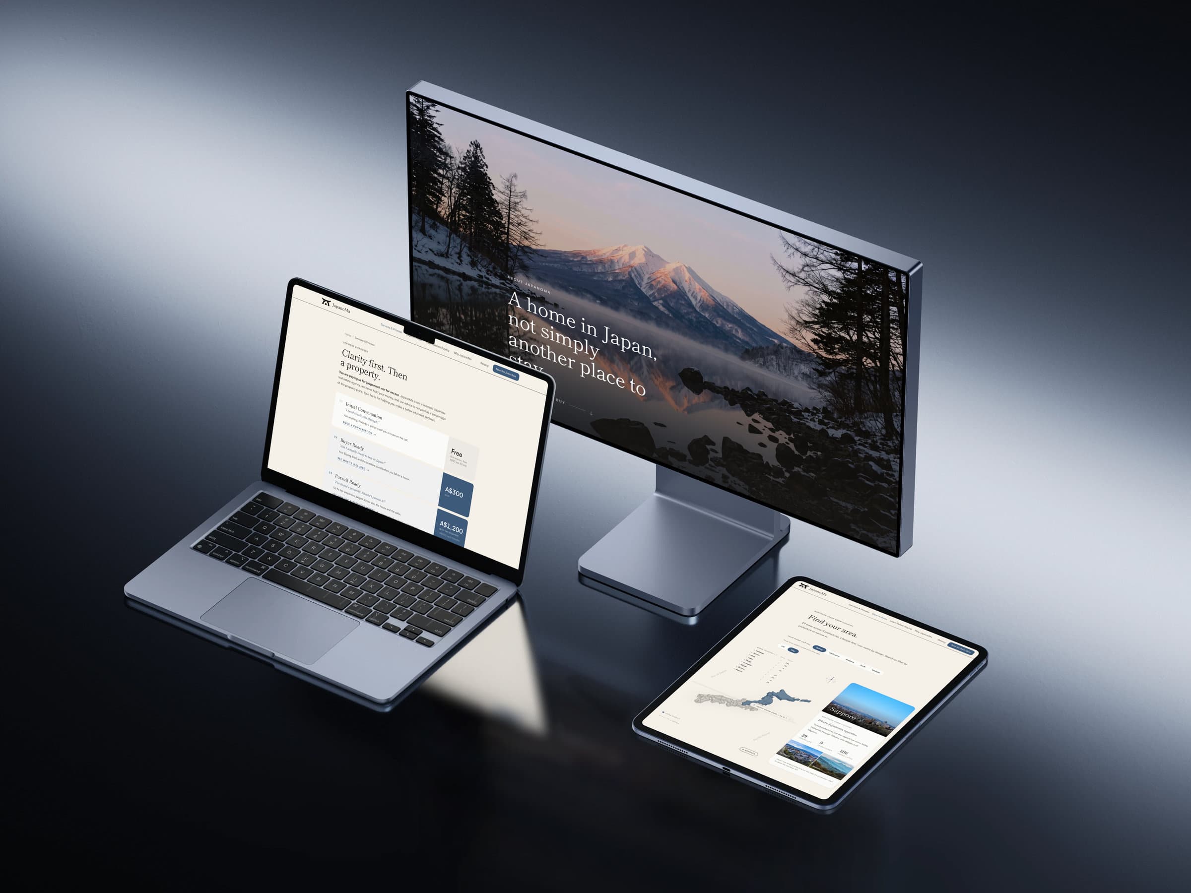 JapanoMa on a desktop display, a MacBook Air and an iPad: the About page, the step-by-step pricing and the map of areas