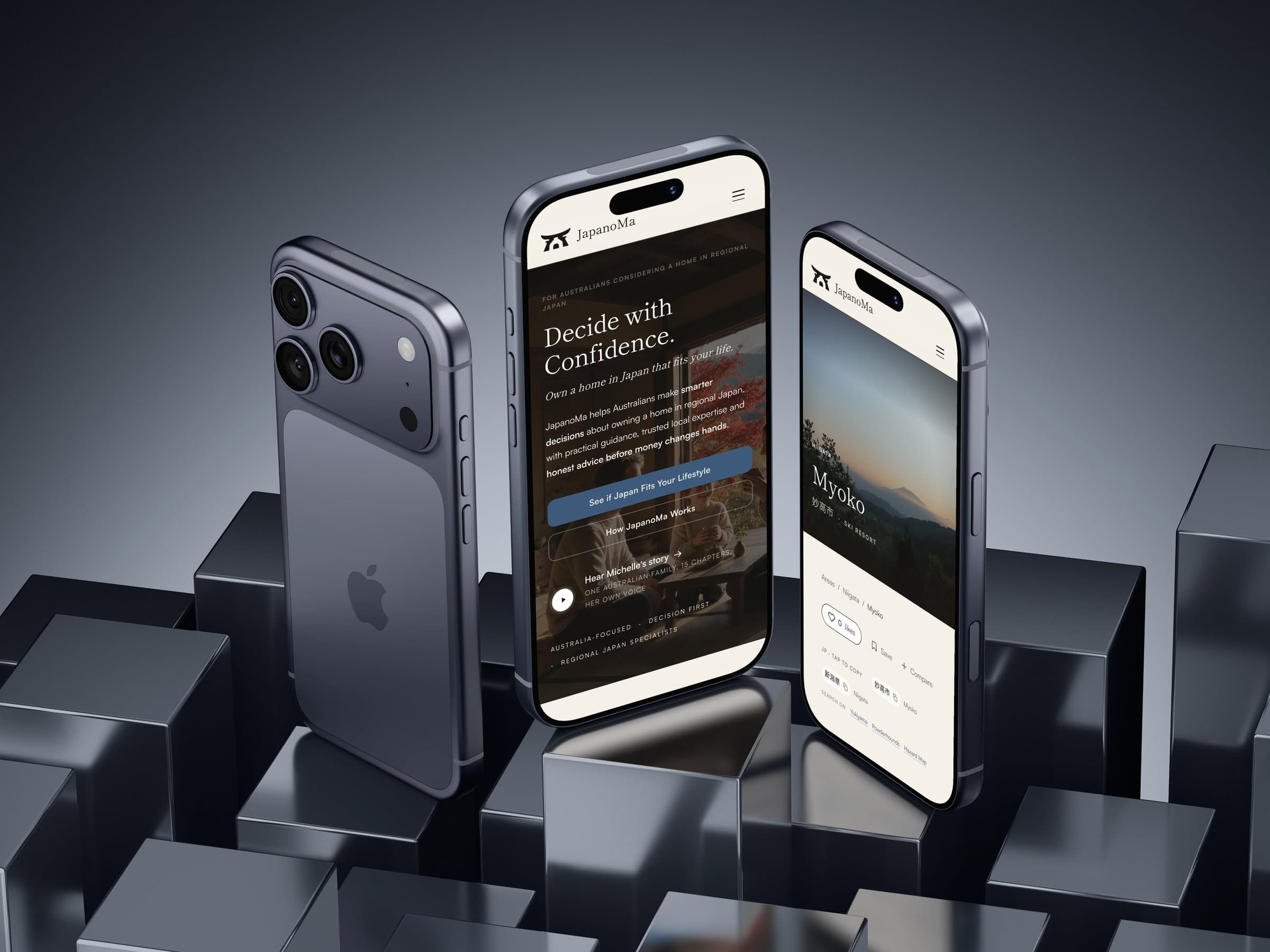 Three iPhones among dark blocks, two showing JapanoMa: the home page, 'Decide with Confidence', and the Myoko area page