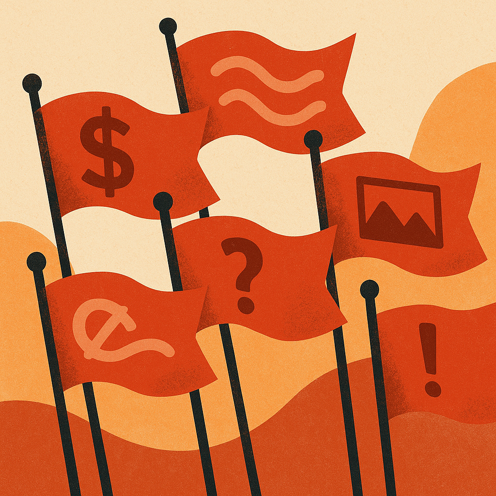 Illustration of red warning flags representing signs of unreliable web design agencies